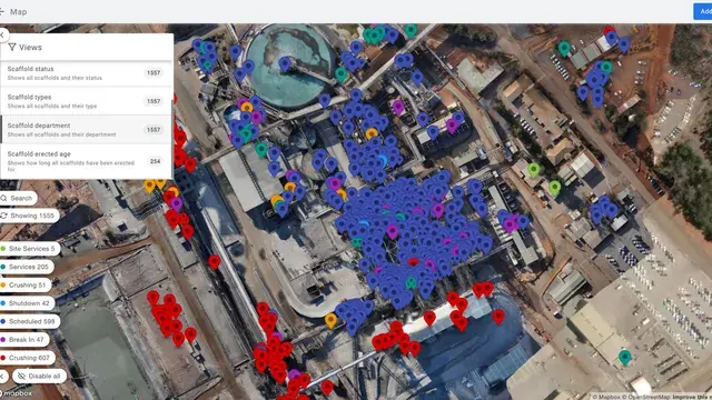 The EXTAG application showing pins on a map for the status of scaffolding