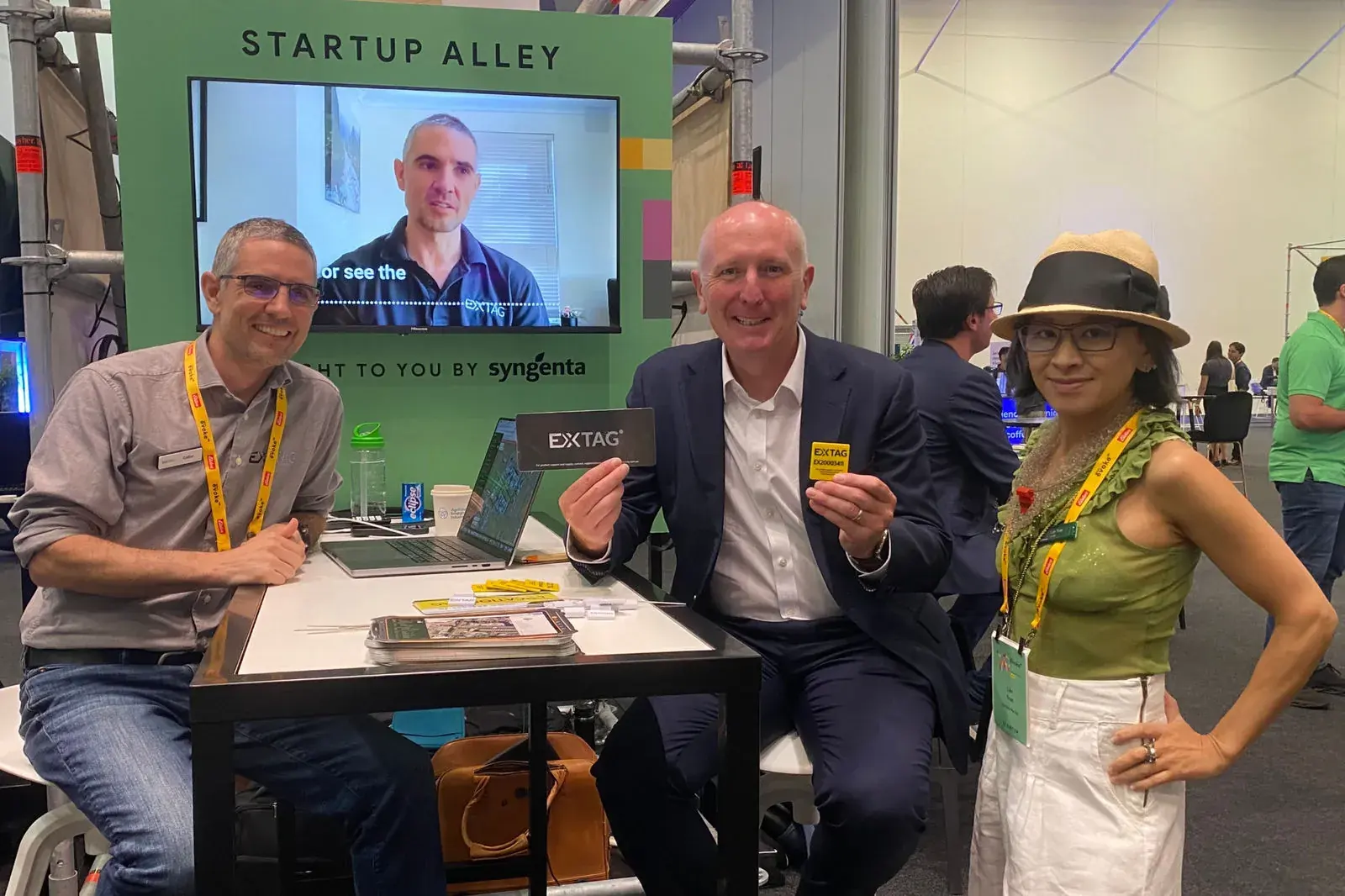 Gabe Alves and Lan Tran from EXTAG Custom Asset Management, with Hon Stephen Dawson, Minister for Innovation and the Digital Economy at Agrifutures evokeAG Expo