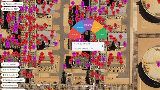 EXTAG visualisation showing live pins on a map with the inspection status of assets