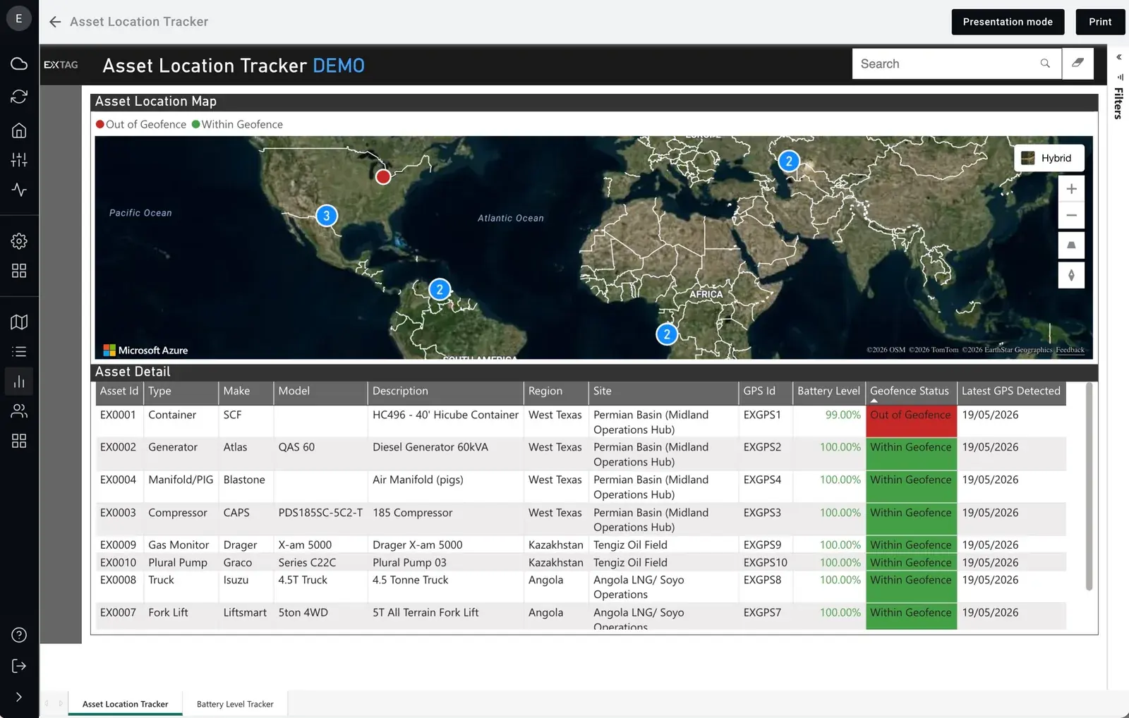 Asset Location Tracker demo dashboard in the EXTAG app, with GPS-tagged assets on a world map and a table showing geofence status for each asset.